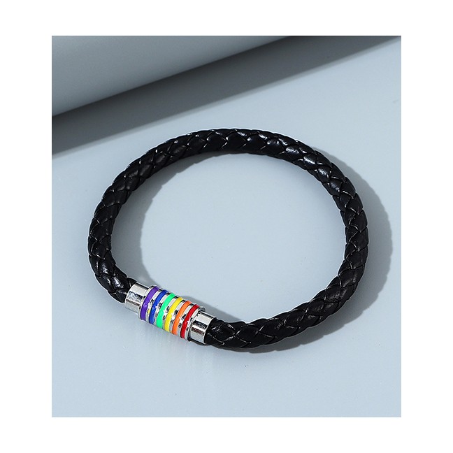 LRC Gelang Tangan Fashion Black Dripping Alloy Leather Braided Mens Bracelet Y64881