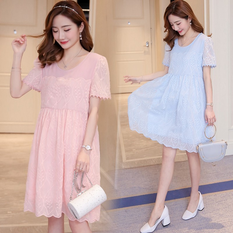 Dress Midi Model Longgar Gaya Korea Bahan Sifon Aksen Renda untuk Wanita Hamil