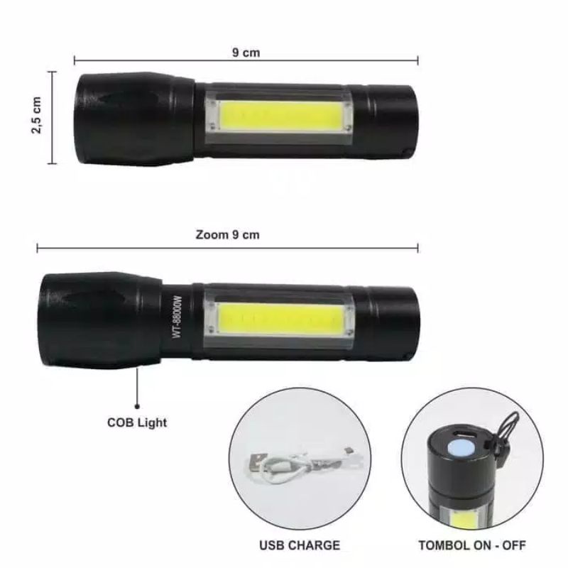 Senter Polisi LED Swatt XPE COB light mini anti air waterproof hemat energi recharge super terang