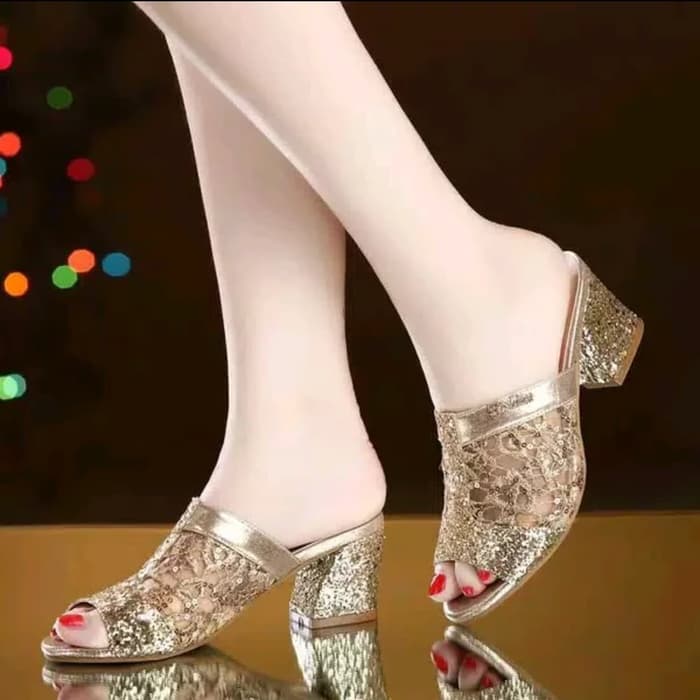 sandal wanita heels pesta glamour seserahan kondangan mewah gold - Gold, 39