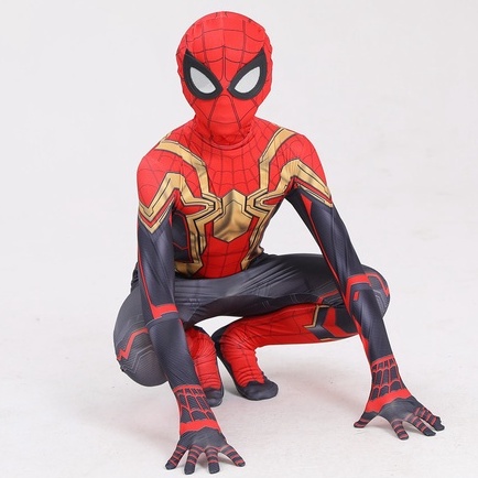 Hadiah untuk keponakan Halloween kostum spiderman merah hitam baju cosplay superhero anak + topeng impor