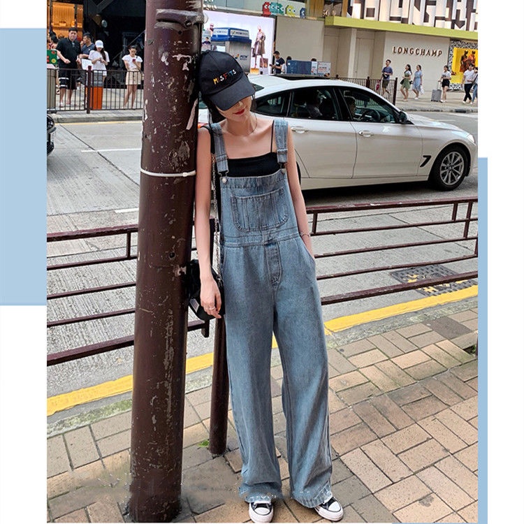 Retro denim overall perempuan musim semi 2022 baru versi Korea dari siswa longgar tinggi pinggang le