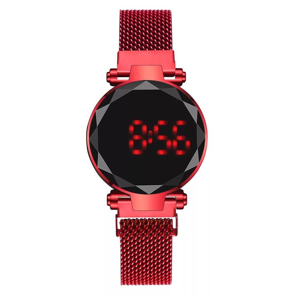 Jam Tangan Magnet LED Touch Screen Bulat Digital / Jam Tangan Wanita Korea Strap Magnet LED-36-7 Merah