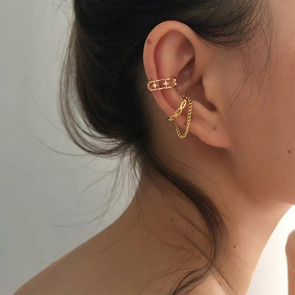 LANFY Gift Ear Cuffs Fashion No Piercing Clip on Earrings Chain Party Crystal Star Gold Plated Double Layer Girl Hollow
