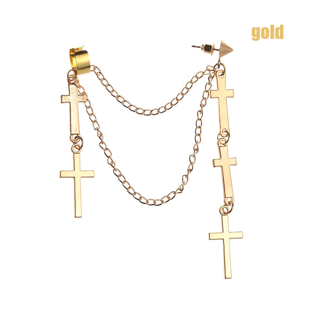 Anting korea wanita panjang model tusuk tindik ring rantai gantung rumbai earring untuk cewek gaul edgy motif kupu mahkota daun warna emas silver import-Salib Silver