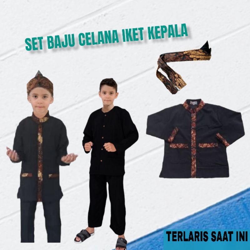 Harga glosir setelan pangsi anak motif polos dan batik plus iket kepala untuk TK dan SD Terlaris