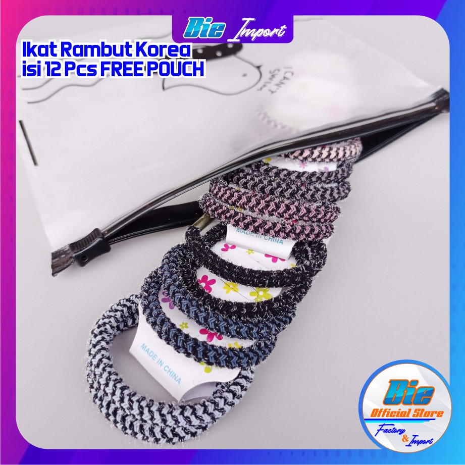 Ikat Rambut Korea Motif isi 12 Pcs Free Pouch