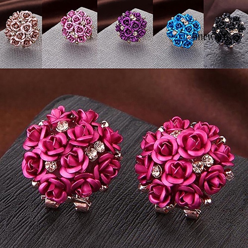 OW@ Women Fashion Elegant Inlaid Rhinestone Blooming Rose Flower Ear Studs Earrings