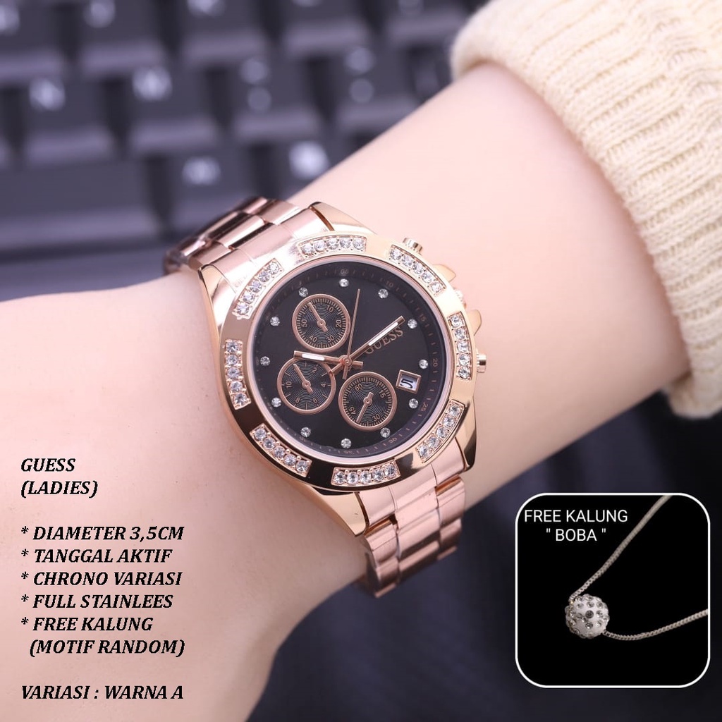 (BISA COD) JAM TANGAN WANITA GUESS RANTAI BODY BULAT TANGGAL AKTIF FREE KALUNG