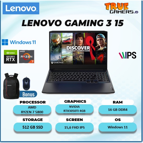 LAPTOP LENOVO GAMING 3 15  RTX3050 4GB  RYZEN 7 5800 16GB 512SSD WIN11 15.6FHD IPS