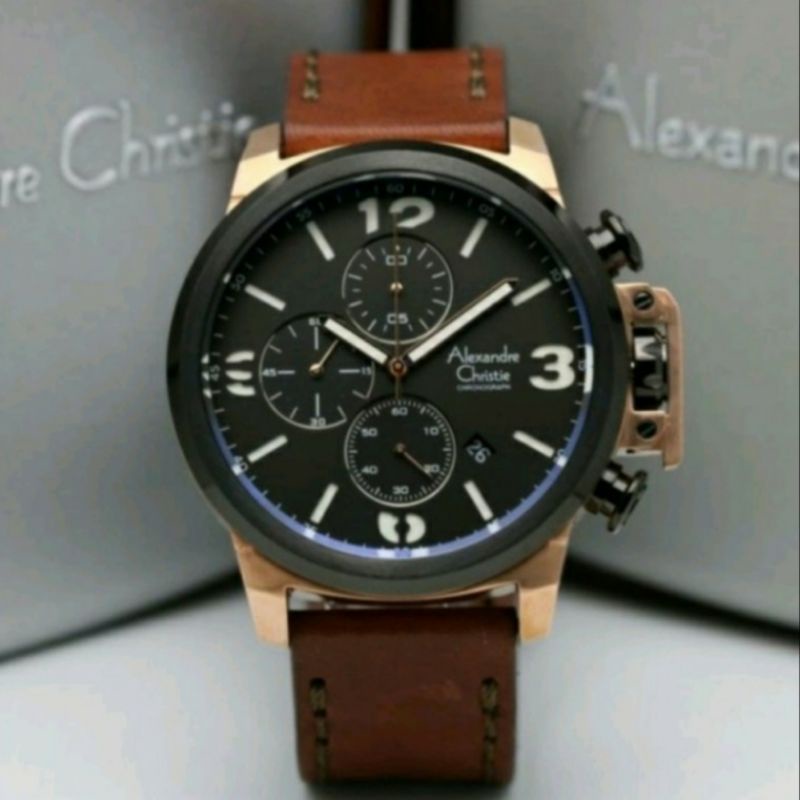 PROMO Jam Tangan Pria Alexandre Christie AC 6280 ac6280 6280mc Black Rosegold Brown Leather Original