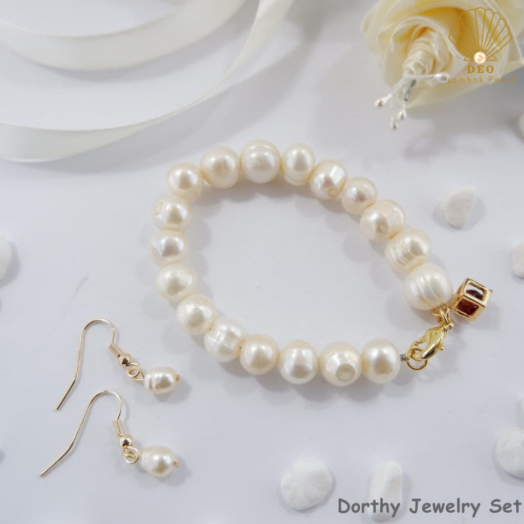 Dorthea & Dorthy Jewelry Set Gelang dan Anting Mutiara Tawar Asli Lombok Hitam dan Putih