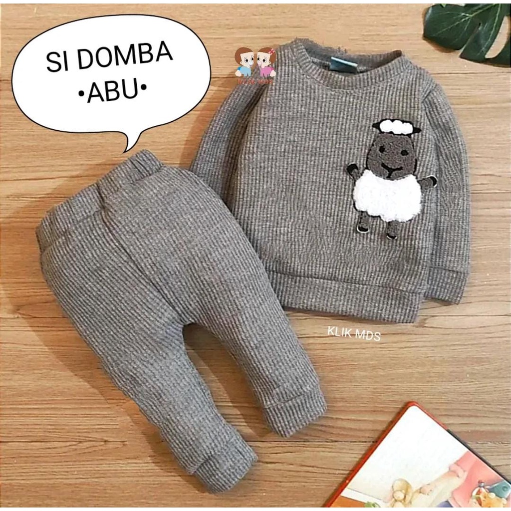 Setelan Anak - Baju Bayi Laki - Laki model Sweater Tangan Cowok Panjang Celana Panjang Bahan Waffle Motif Si Domba