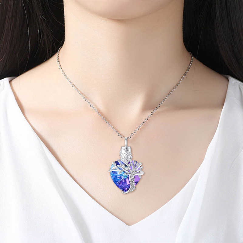 Fancyqube Kalung Desain Pohon Kehidupan Aksen Kristal Ungu Bahan Sterling Silver Untuk Wanita