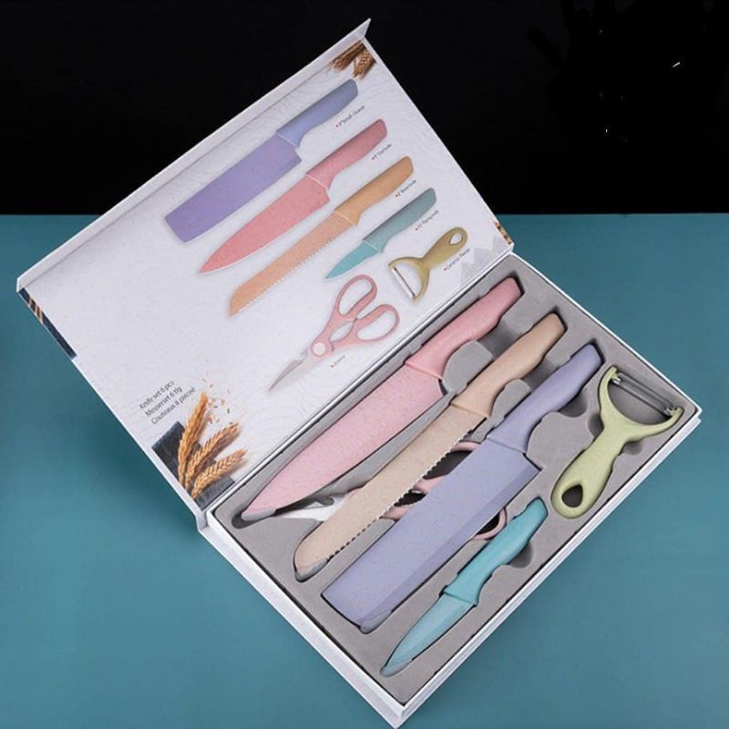 pisau SET macaron Warna warni anti lengket 6in1 gunting peeler