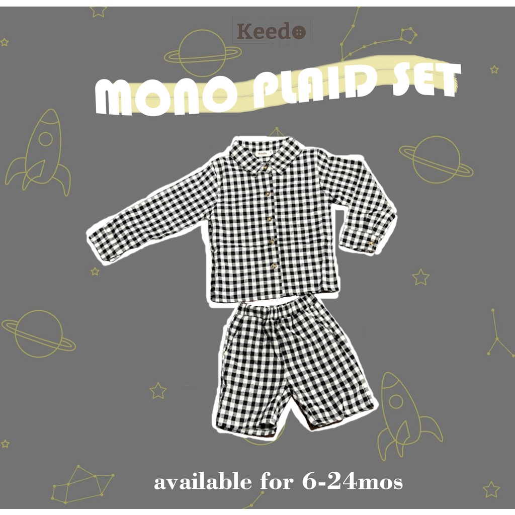 SET BAJU KEMEJA ANAK BAYI LAKI-LAKI 0-2TAHUN MONO PLAID SET SETELAN NEWBORN KATUN KOTAK-KOTAK HITAM 