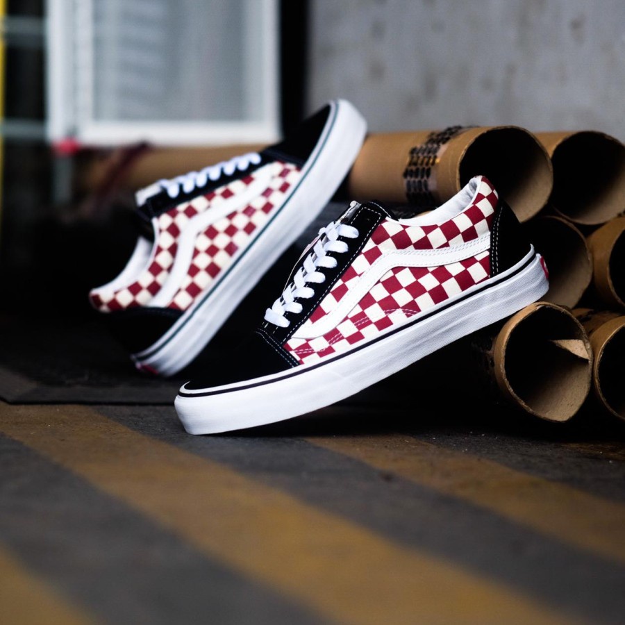 Vans Old Skool Classic Checkerboard Black Red - Merah, 37