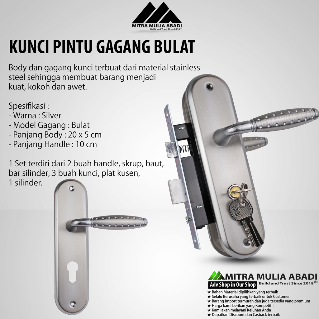 Kunci Pintu TOP GRANDE Silinder Kumplit Set 20 cm l Gagang l Handle I Dus Merah  SILVER