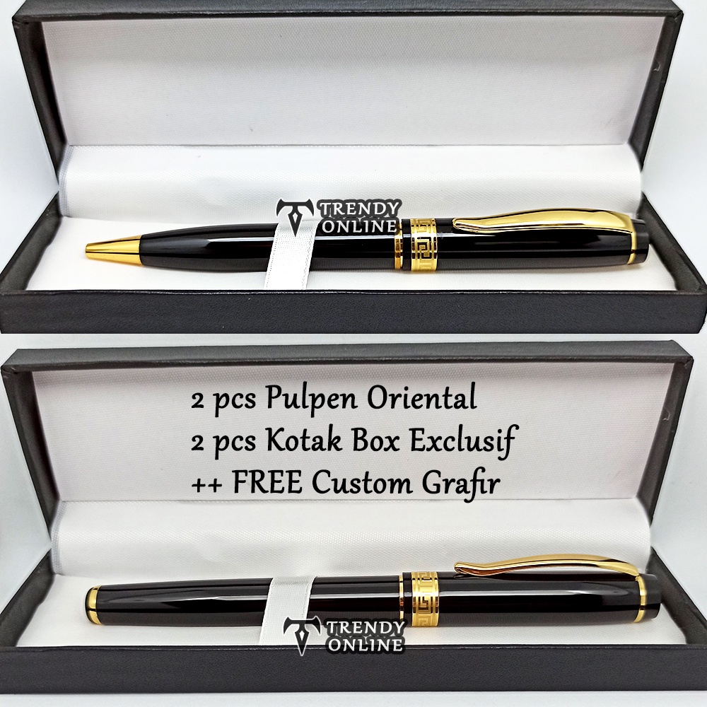 

Pulpen Sepasang Hitam Klip Emas Motif Oriental, Pen Oriental dengan Kotak Box dan FREE GRAFIR Cetak Nama, Pulpen Couple Exclusif, Pen Promosi / Hadiah