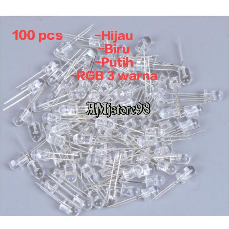 100 pcs led 5mm hijau / biru / putih / RGB 3 warna