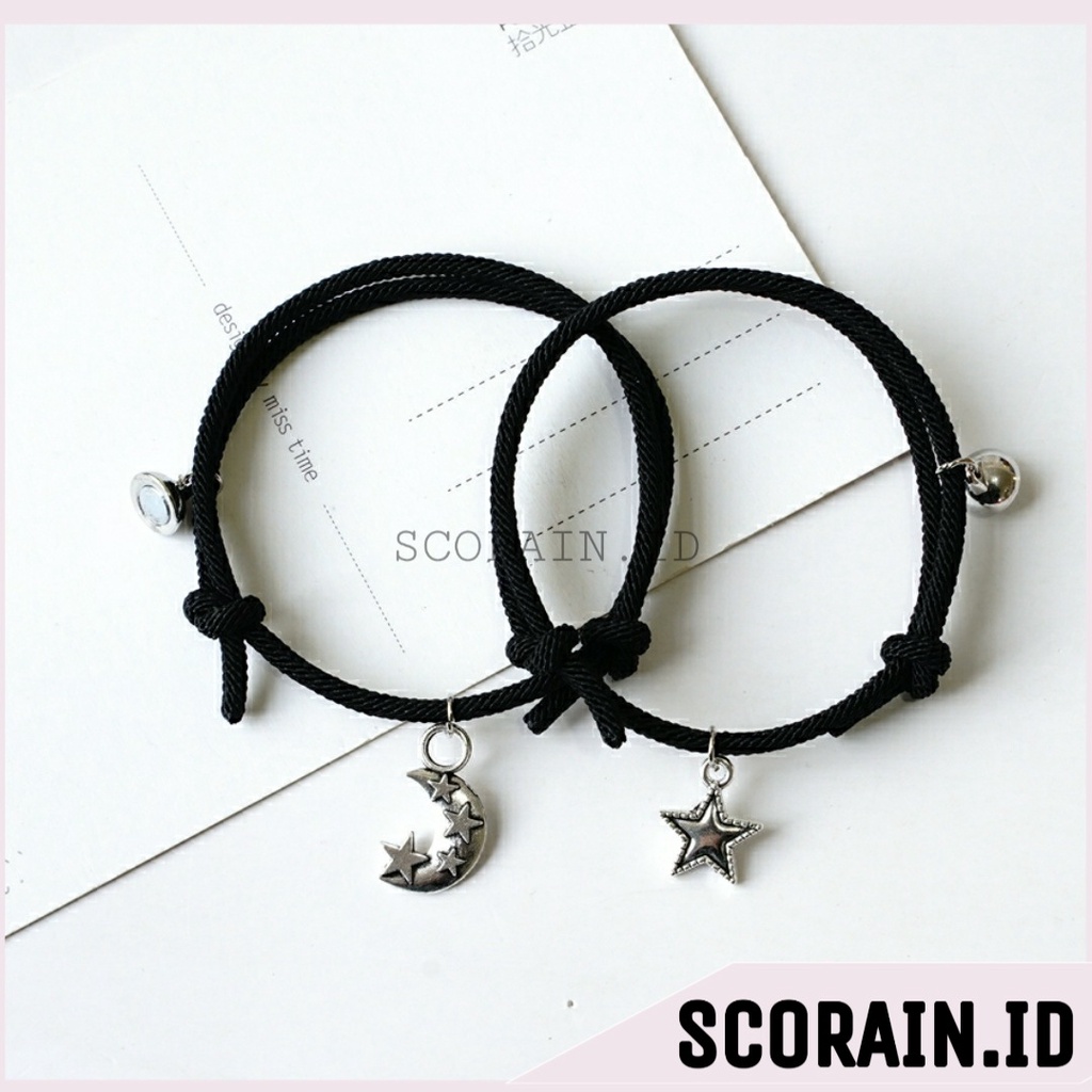 GELANG COUPLE MAGNET STAR AND MOON | GELANG KAPEL BINTANG DAN BULAN CEWE COWO COUPLE PASANGAN BESTIE | GELANG TALI HITAM LIOTIN MAGNET BBULAN DAN BINTANG PERSAHABATAN