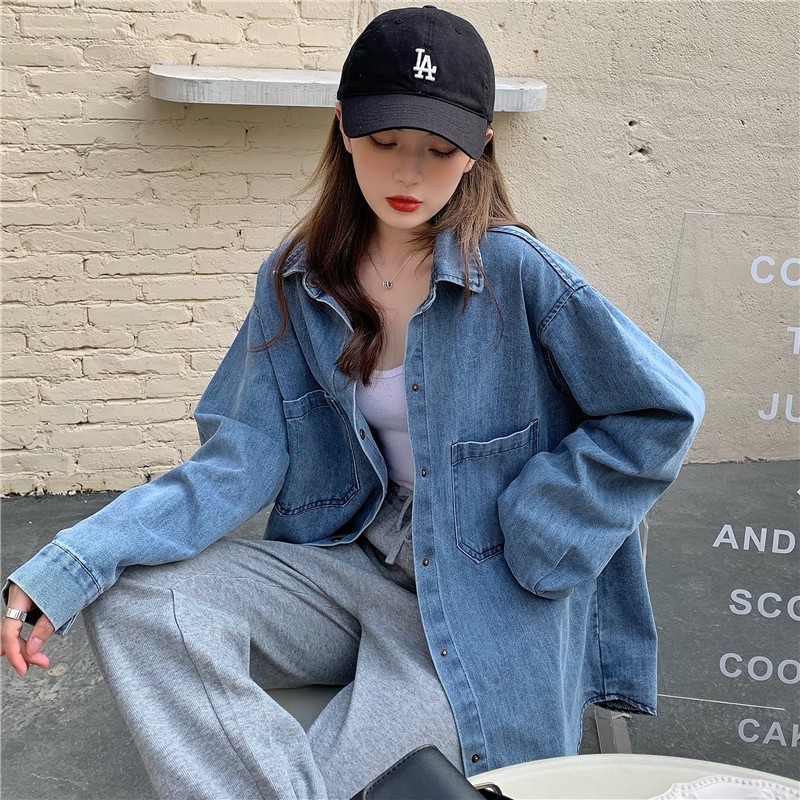 Korea style baru jaket kemeja denim atasan oversize denim wanita lengan panjang jaket atasan wanita