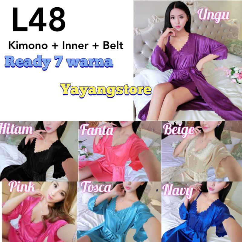 Kimono + Inner Satin Silk Baju tidu Set Kimono Wanita Premium Import