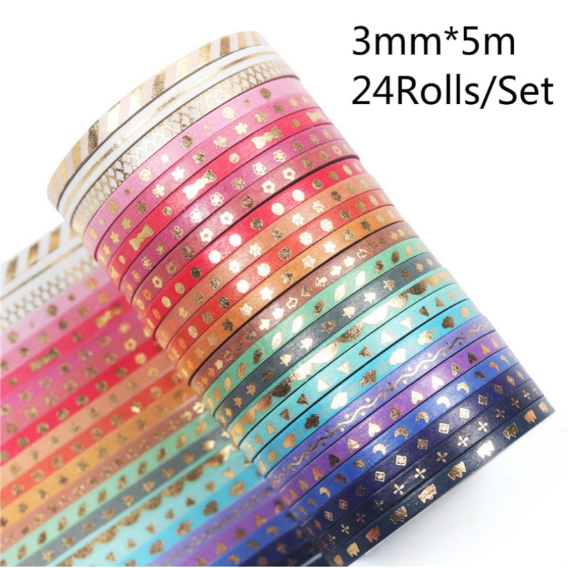 24Pcs/Set Foiling Slim Washi Masking Tape Set Foil Paper Masking Tape Diy Scrapbooking Decoration Sticker