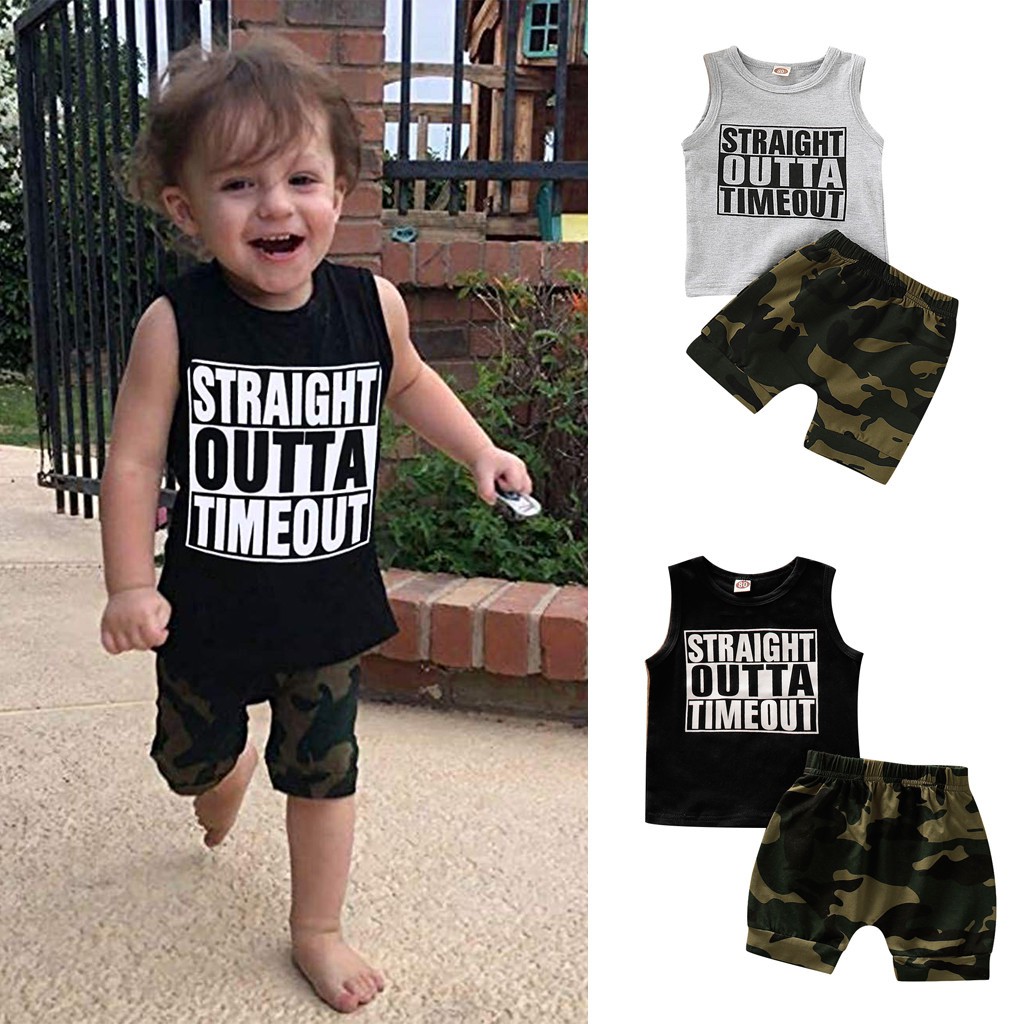 Infant Baby Boy Kid Letter Printed Vest Tops+Camouflage Shorts Outfits Set