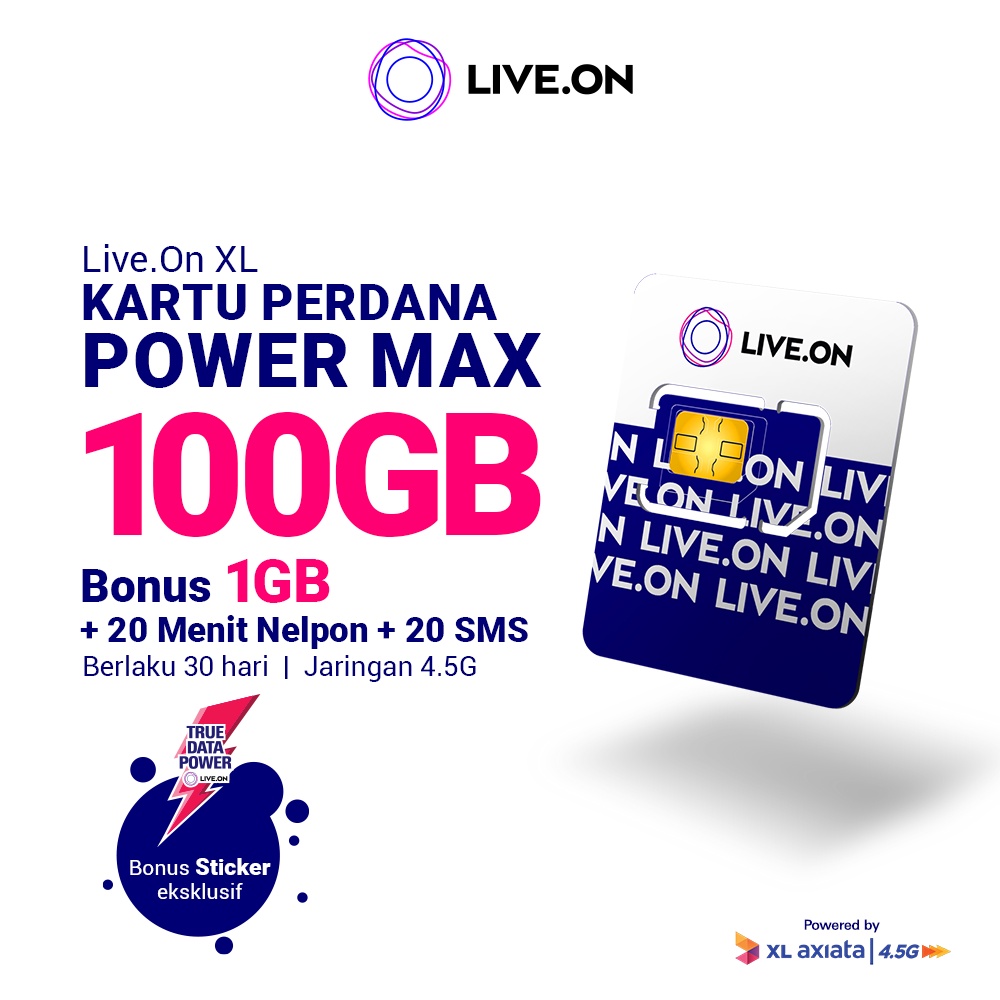 Live.On Kartu Perdana Power Max 100GB + 1GB (30 hari) 4.5G + 20 Menit Nelpon + 20 SMS + Sticker G