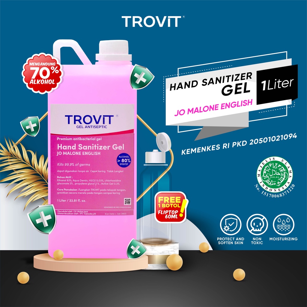 Hand Sanitizer Trovit Gel 1 Liter Bonus Botol 60ml