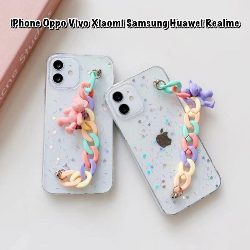 Transparan Glitter Case with Chain Pastel Bear Oppo Reno 7 6 5 4 3 2 Pro A54 A55 A76 5G 4G A33 A53 A5 A7 A9 2020 Redmi Note 10