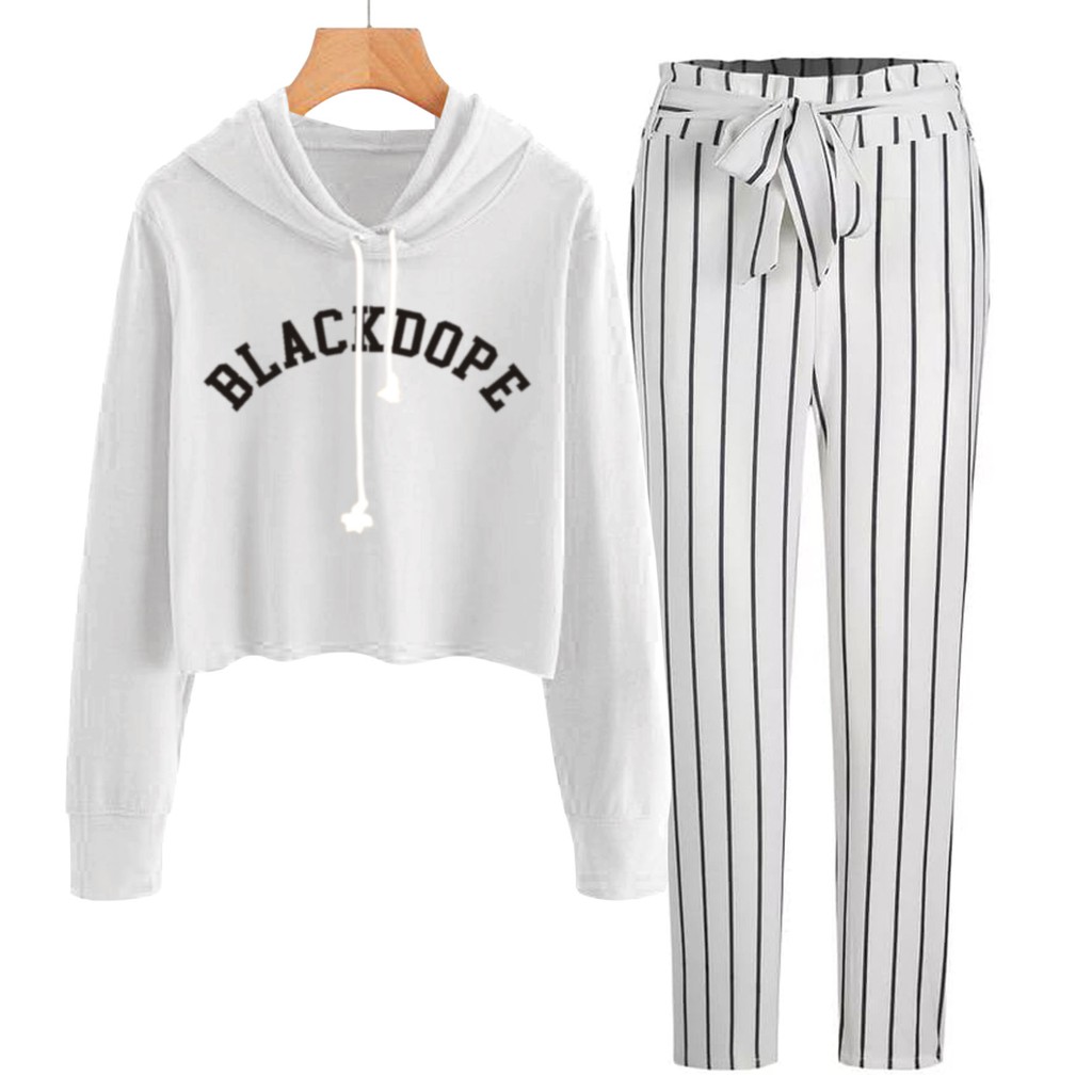 BESS - Baju Setelan Wanita Murah / Setelan Hoodie Crop + Celana Salur Putih - BLACKDOPE