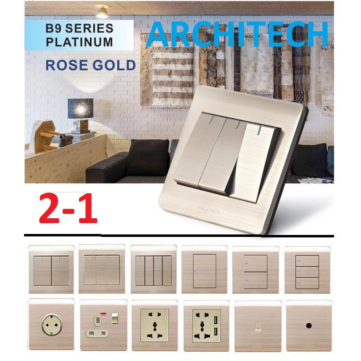 ARCHITECH SAKLAR lampu/ STOP KONTAK SAKELAR/ CETEKAN/ COLOKAN ARCHITECH B9 PLATINUM GOLD
