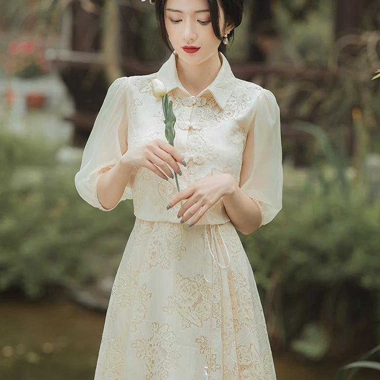 2021 summer suit fairy improved cheongsam 2021 new young suspender lace dress two