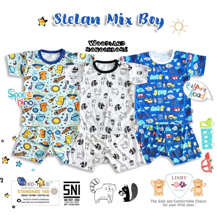 Libby Setelan Oblong Baju Pendek Kancing Bahu dan Celana Pendek - Baju Setelan Bayi Libby (M,L)
