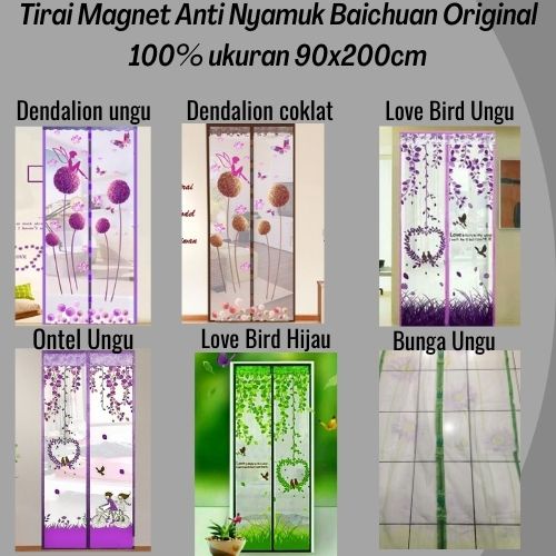 Tirai Magnet / Tirai Anti Nyamuk Import Asli Baichuan 100%  ukuran 90 Cm x 200 Cm - love bird - bunga ungu