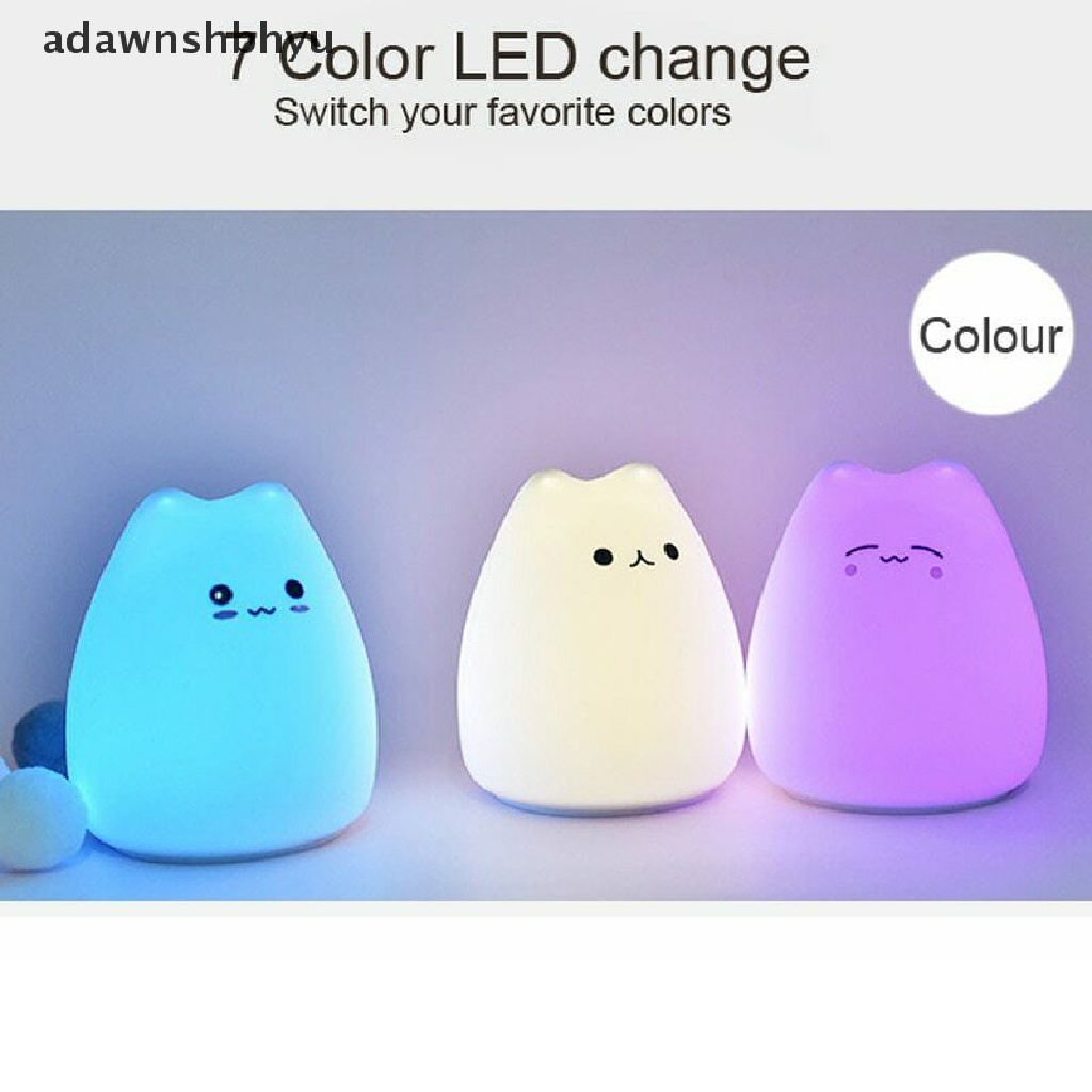 (adawnshbhyu) Lampu Malam LED 7 Warna Bentuk Kucing Lucu Bahan Silikon Dengan Sensor Sentuh