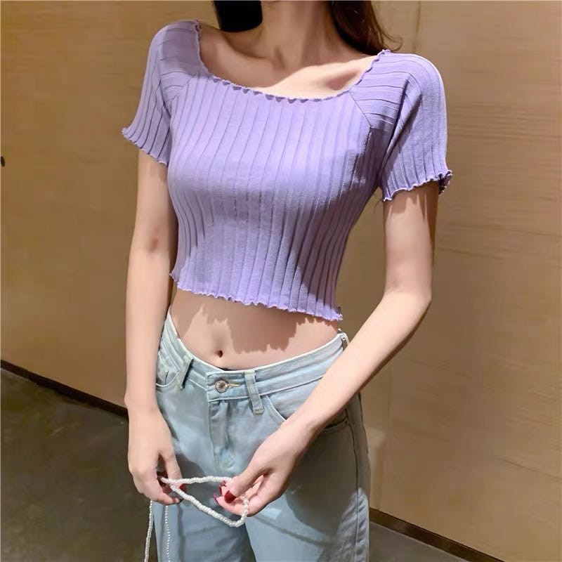 【SALE】Korean Sabrina Crop Top Atasan Wanita Lengan Pndek C051