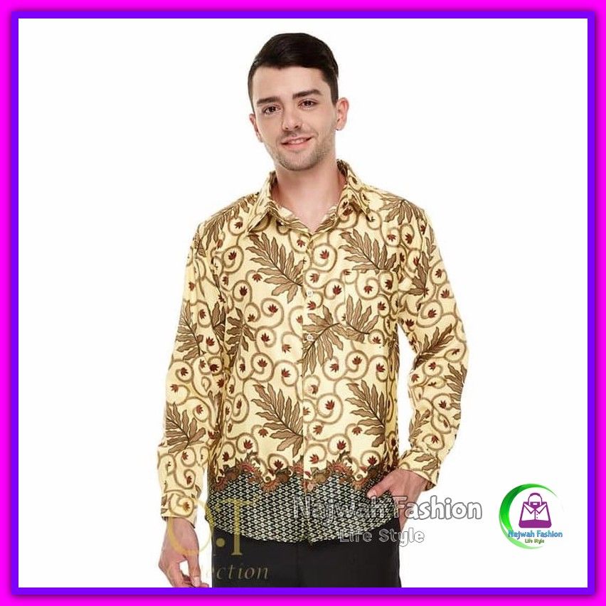 Kemeja Pria Batik Velvet Cream Murah - Batik Leaf Cream Ot