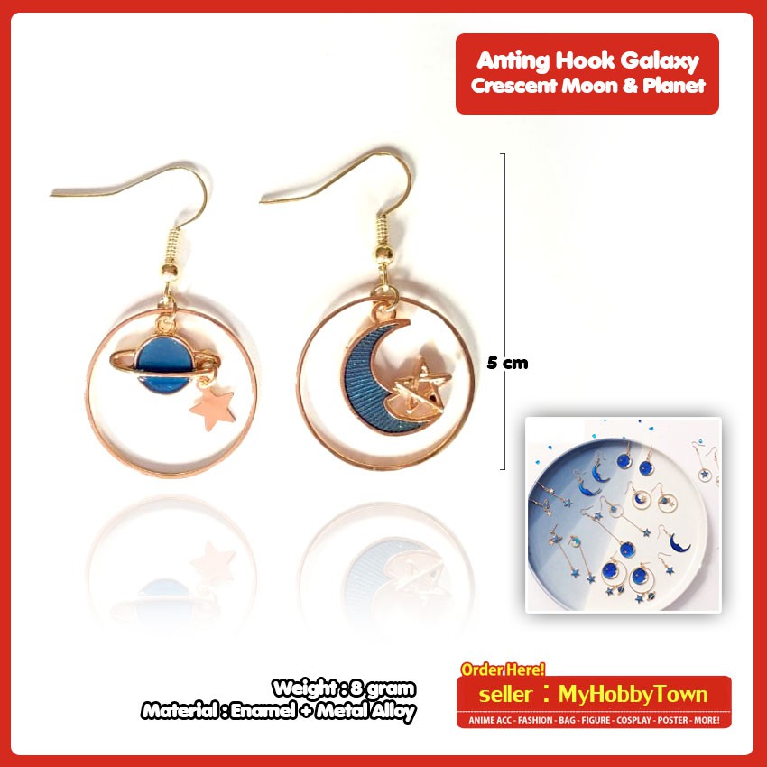 Anting Fashion Hook Earrings Galaxy Crescent Moon Planet