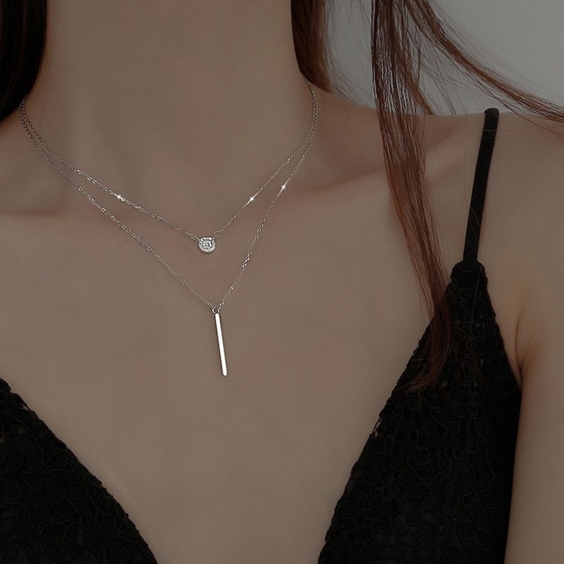 Simple Personality Rectangular Bar Rhinestone round Double-Layer Necklace