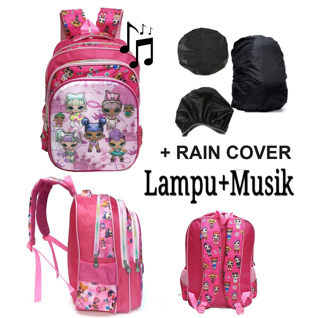 PROMO FREE RAIN COVER Ransel SD 16inch LAMPU DAN MUSIK 5D Timbul Hologram 3 Kantung Besar Import