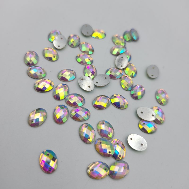 DIAMON RESIN KRISTAL MOTIF OVAL RATA UKURAN 8X10 WARNA PUTIH PELANGI AB KUALITAS AA BAGUS KILAU PER LUSIN