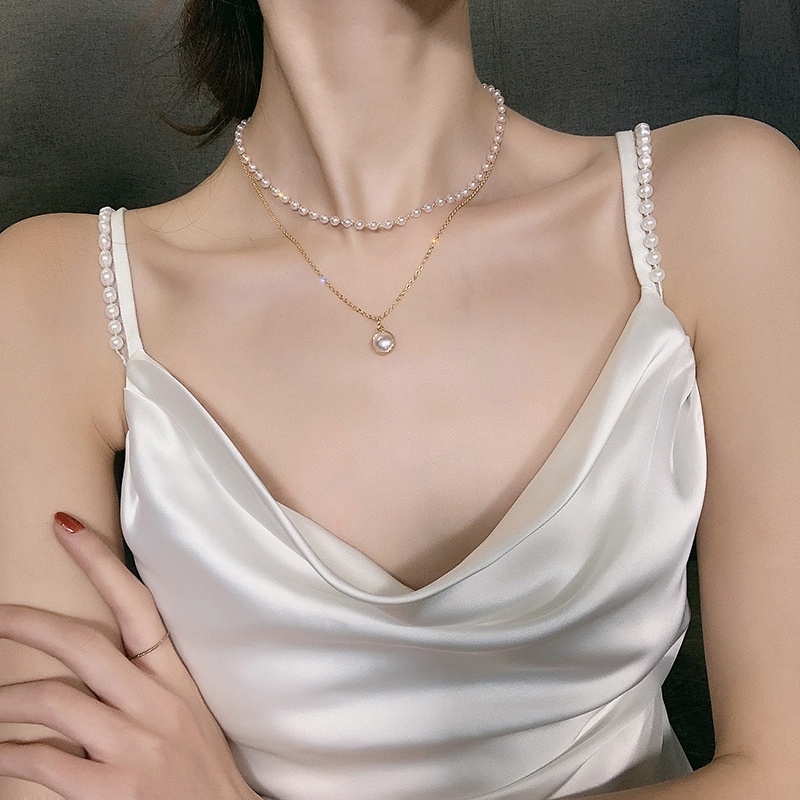 Kalung Rantai Liontin Mutiara Double Layer Gaya Korea