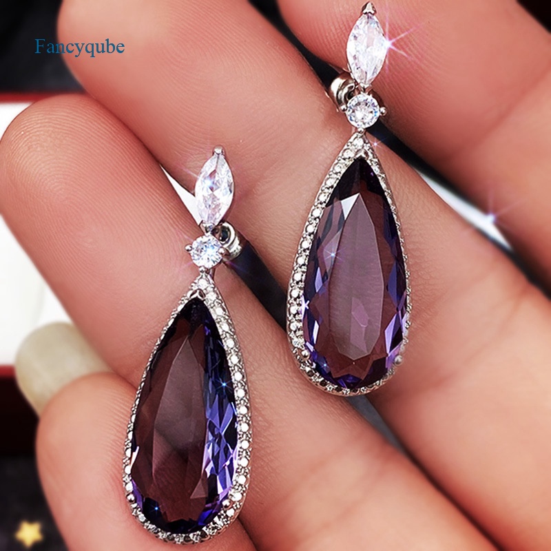 Fancyqube Anting Cubic Zirconia Ungu Unik Simple Dan Elegan Untuk Wanita