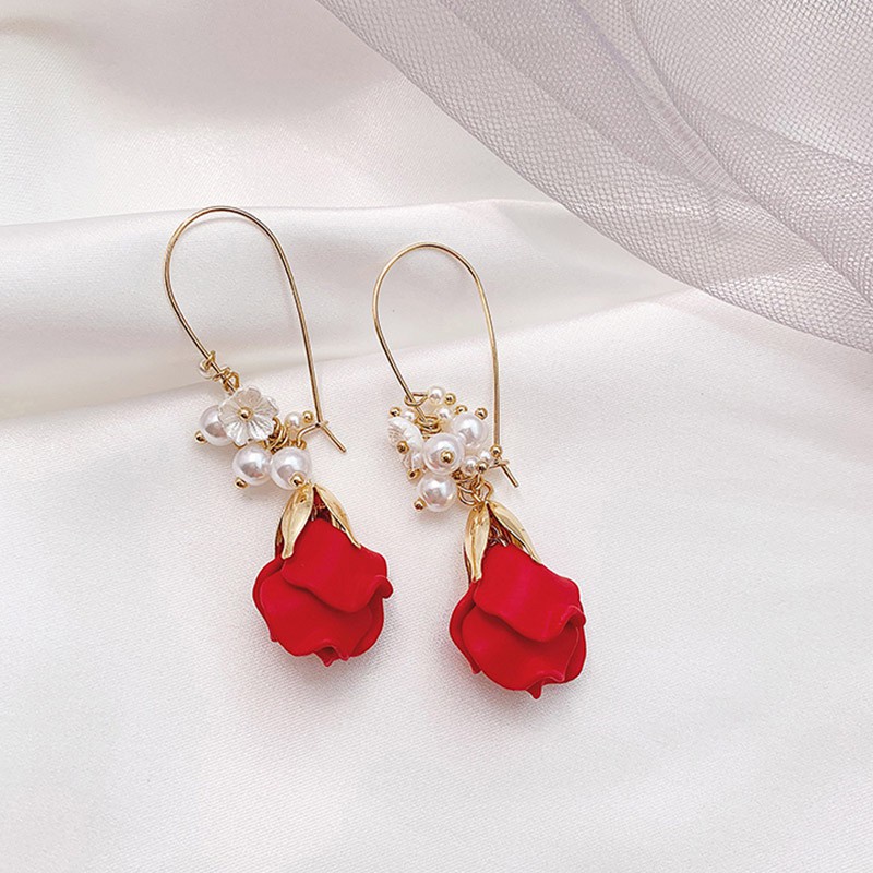 Anting Desain Kelopak Bunga Mawar Merah Gaya Korea