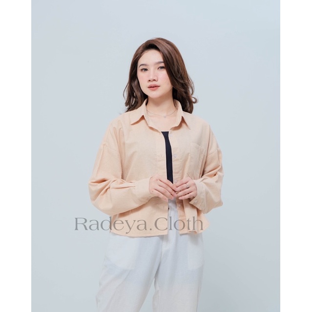 Kemeja Wanita Linen Oversize - Shrit Linen Crop Putih - Kemeja Wanita Lengan Panjang