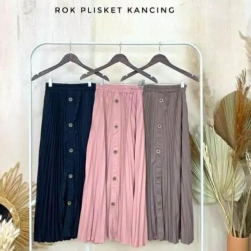 ROK PLISKET MOTIF KANCING EXCLUSIVE  PLEATED SKIRT MOTIF KANCING BAHAN PREMIUM KOSHIBO CREPE KOREAN CREPE TEBAL