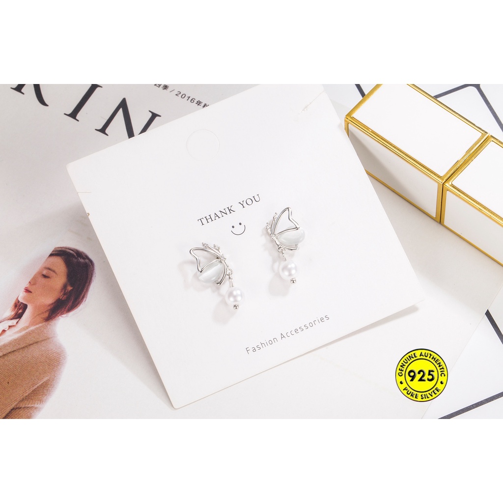 Anting Tusuk Sterling Silver 925 Desain Kupu-Kupu / Hati / Tetesan Air Hias Mutiara Untuk Wanita